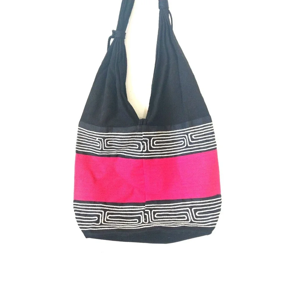 Boho India Hobo Sak Bag Cotton Retro Women's Bead Accent Black/Pink/White